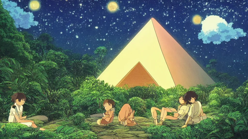 Image similar to a movie still from a studio ghibli film showing a huge glowing pyramid in the rainforest with a floating gold capstone on a misty and starry night. by studio ghibli