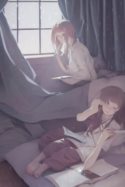 Prompt: a girl in a jk uniform outfit in the bedroom reading a book in a night, raining outside the window, dark and grey theme ， wavy white long hair, by krenz cushart and mucha and akihito yoshida and greg rutkowski and makoto shinkai, detailed eyes, 4 k resolution 、 trending on art station