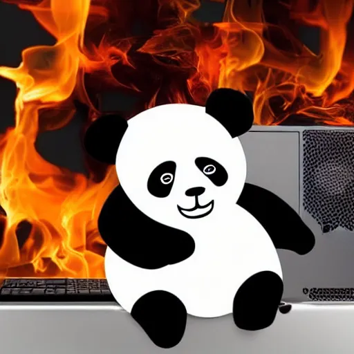 Prompt: a sad panda sitting next to the PC that just caught fire