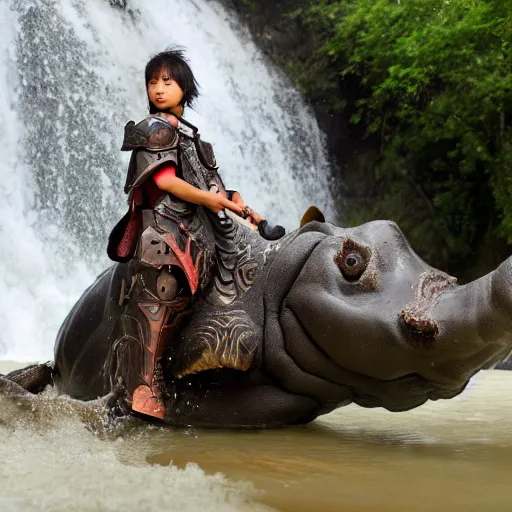 Prompt: a hd photo of skinny tan 1 0 year old half - asian boy with dark anime hair riding an armored hippo down a waterfall with a large sword in one hand and a shield in the other hand, photorealistic, high definition face, scowl on face