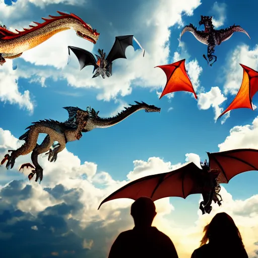 Image similar to photo of dragons flying over people, realistic, dslr, 8 k