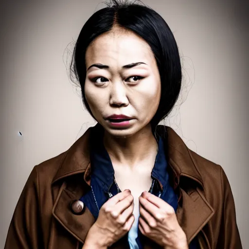 Prompt: photograph of an asian woman thirty years old with burn scars all over her neck and nose wearing a trench coat, steampunk background, portrait, 4 k, hd, art station trending, sharp and highly detailed