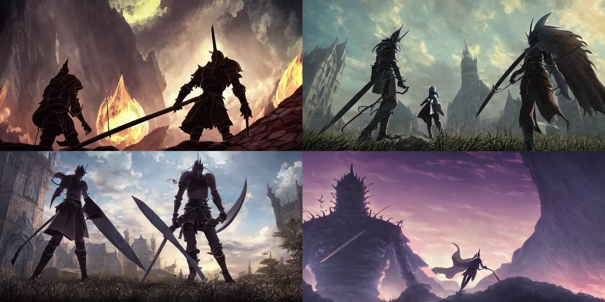 Prompt: Still image of dark souls the animated movie, low angle cinematic shot, dramatic lighting, cell shaded anime by hayao miyazaki and makoto shinkai