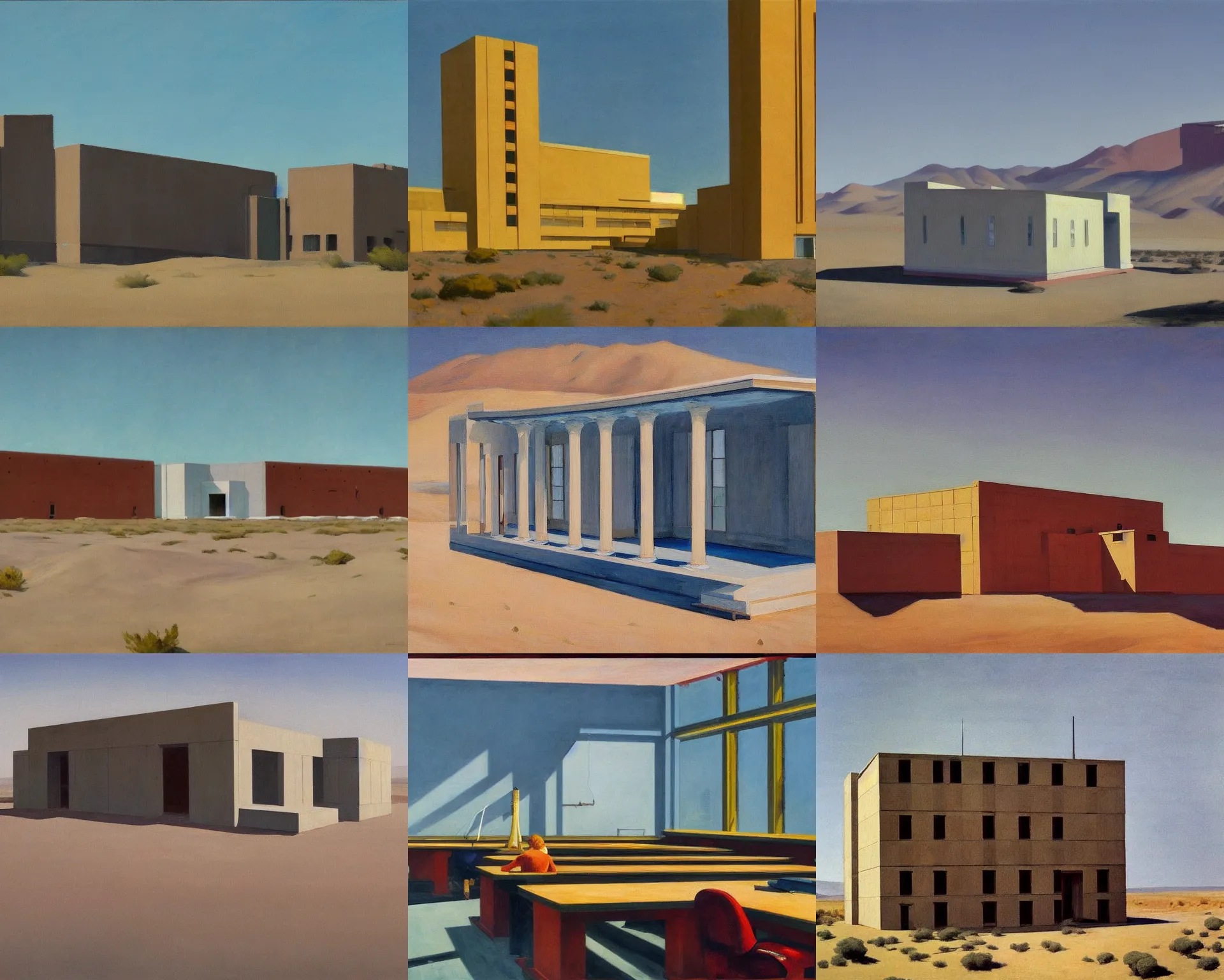 Prompt: a highly detailed painting by edward hopper of a mysterious government science lab in the middle of the great basin desert, built to research super powers. it has sat abandoned since the mid - 1 9 7 0 s. brutalist architecture.