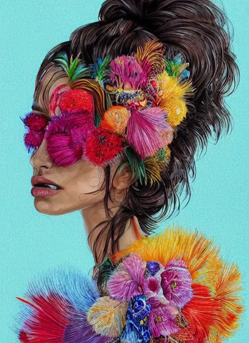 Image similar to beautiful portrait of Irina Shayk wearing fantastic Hand-dyed cotton dress,embellished beaded feather decorative fringe knots ,colorful pigtail,subtropical flowers and plants,symmetrical face,intricate,elegant,highly detailed,8k,digital painting,trending on pinterest,harper's bazaar,concept art, sharp focus, illustration,golden ratio,by artgerm,Tom Bagshaw,Lawrence Alma-Tadema,greg rutkowski