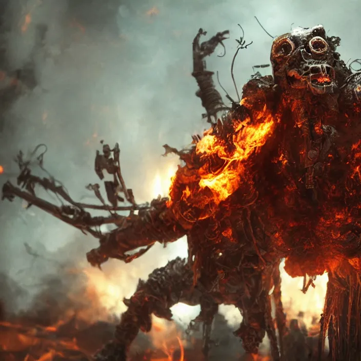 Image similar to gritty apocalyptic figure smiling with burning heart, octane render, 4 k ultra hd, hyper - detailed, seedy lighting, sharp focus, fantasy dark art