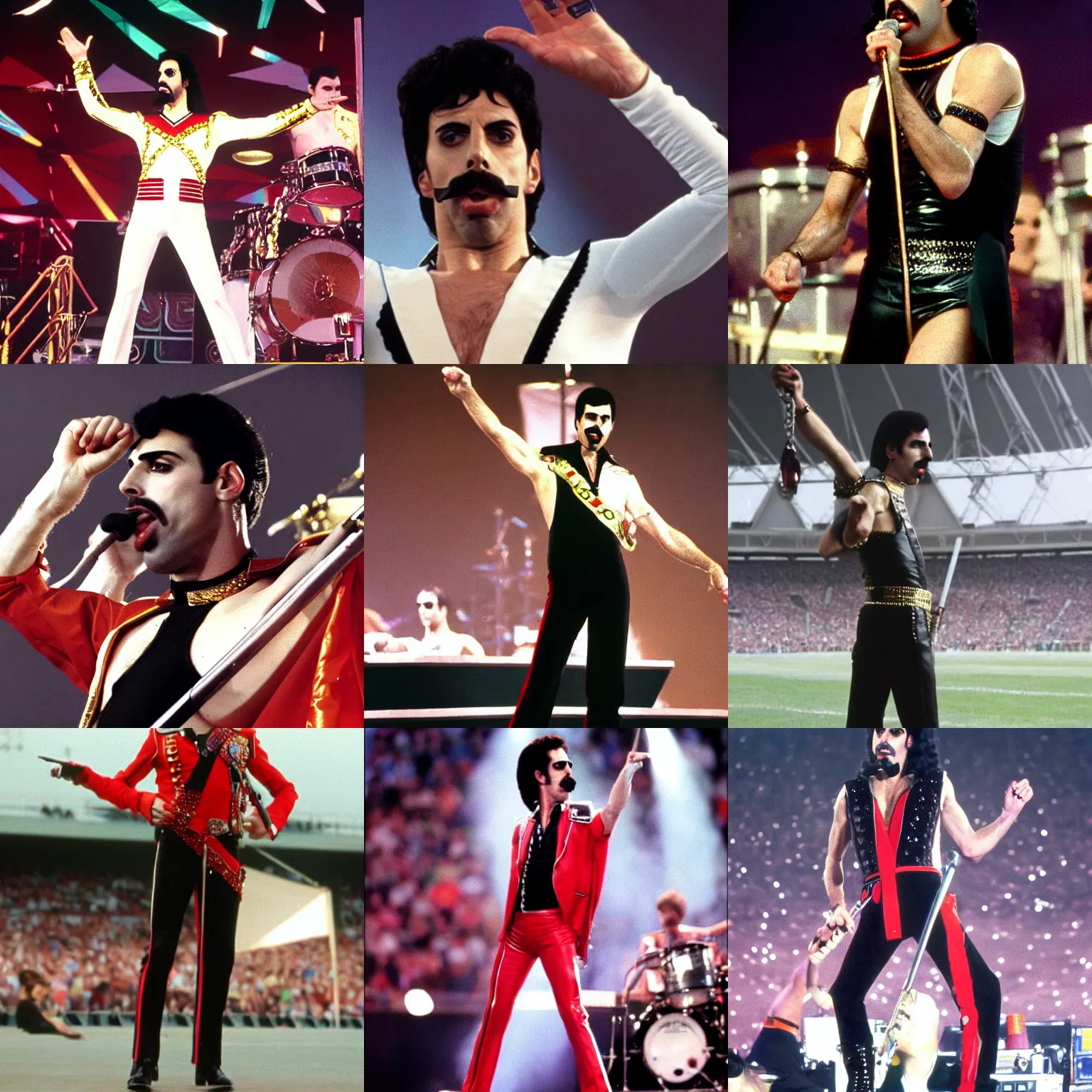 Prompt: Sasha Baron Cohen as Freddie Mercury on A Kind Of Magic Tour on Wembley Stadium, 1986, 8K