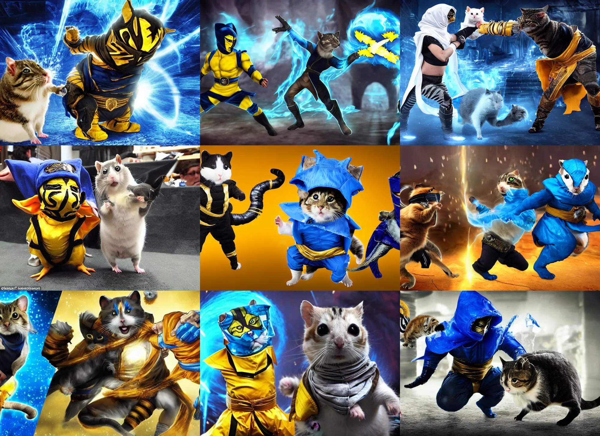 Prompt: hamster dressed as sub - zero fights a cat dressed as scorpion in mortal kombat background