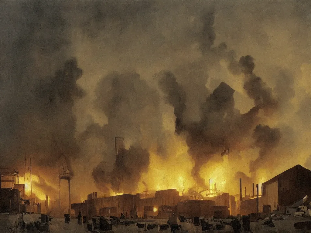 Prompt: a painting of an explosion in a factory by peter ilsted