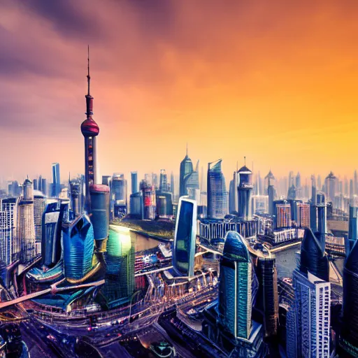 Image similar to Cityscape of Shanghai just before the technological singularity