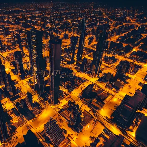 Image similar to aerial shot of the impressive dystopian cyberpunk city at night during amazing storm