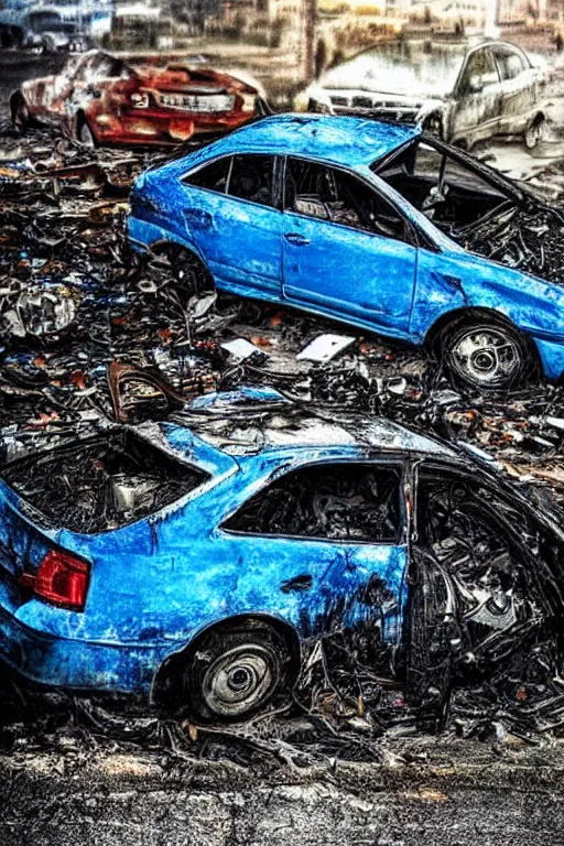 Prompt: “Skoda RS Blue disintegrated in junkyard in rain. Dark, realistic photo. ”