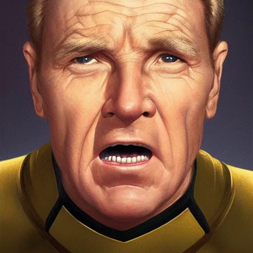 Image similar to photograph of captain j. kirk from star trek screaming in terror. sharp photograph, sharp focus, highly detailed,, detailed face!!, ultra realism, dramatic lighting, zeiss lens, canon eos, detailed skin, dynamic pose, 8 k resolution, hyperrealism, portrait photography, art by artgerm and greg rutkowski and alphonse mucha