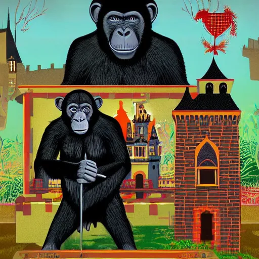 Prompt: A computer art that features a chimpanzee surrounded by a castle turret. The chimp is shown wearing a crown and holding a scepter, and the castle is adorned with banners. biopunk by Eyvind Earle, by Nikolina Petolas kaleidoscopic