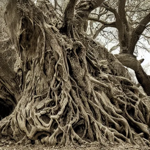 Image similar to a old gnarled tree, bark covered in the suggestion of faces, a group of misfits climb the tree, edge of a eerie forest, cursed grounds, something feels off