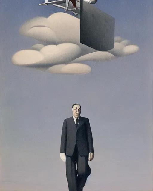 Prompt: Man in 1940s business attire sauntering on a gridded plane, surrealist painting by Kay Sage, oil on canvas, muted colors