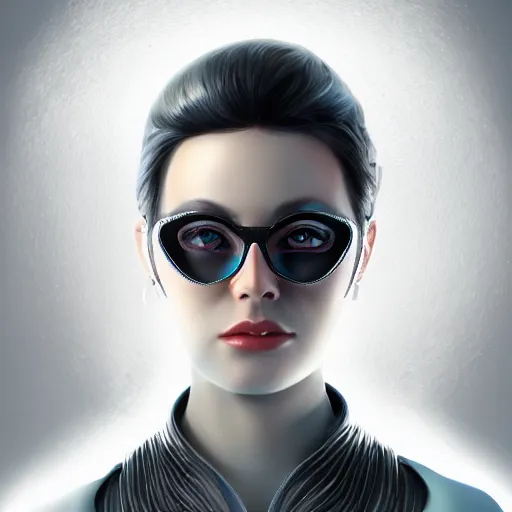 Prompt: Portrait of a woman wearing futuristic glasses, ultra detailed, digital art, trending on ArtStation