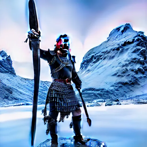 Image similar to photography of a hyper realistic crystal clear ice statue of tom holland as a viking warrior god. stuning, intricate, complexe. snowy mountains dream landscape. professional digital art, unreal engine 5