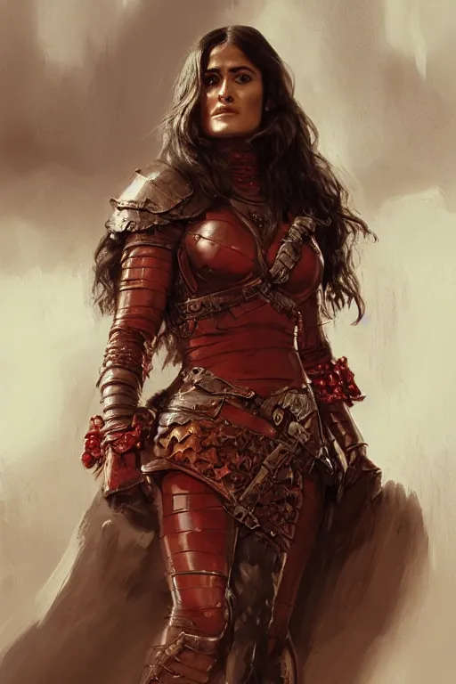 Image similar to portrait, Salma Hayek , barbarian , dressed in red leather armor, face portrait, raphael lacoste, eddie mendoza, alex ross, concept art, matte painting, highly detailed, rule of thirds, dynamic lighting, cinematic, detailed, denoised, centred