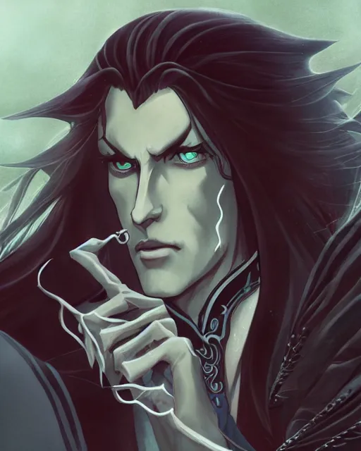 Image similar to portrait of alucard from castlevania, elegant, beautiful, mesmerizing, concept art, inspired by otoyomegatari manga, fancy clothing, highly detailed, artstation, behance, deviantart, trending, kaoru mori