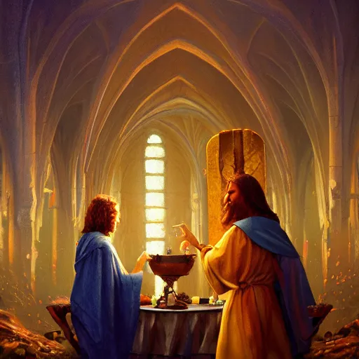 Prompt: The mystery of the Holy Grail, hyperrealistic oil painting, super detailed, colorized, 8k, trending on Artstation, D&D, fantasy, raytracing, depth of field, bokeh, iridescent accents, vibrant, award winning, by Anato Finnstark and Marc Simonetti, spectacular lighting, octane rendered