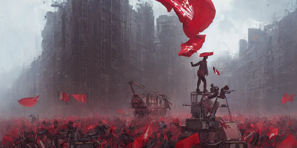 Image similar to Workers struggle against the bourgeoisie, workers revolution, red flags, Greg Rutkowski, detailed, digital art, trending on artstation, cinematic