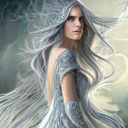 Image similar to an elven woman with long, silver hair cascading down her back. she has delicate, angular features and piercing blue eyes. she's clad in a flowing white dress with intricate silver embroidery, dynamic lighting, photorealistic fantasy concept art, trending on art station, stunning visuals, creative cinematic, ultra detailed