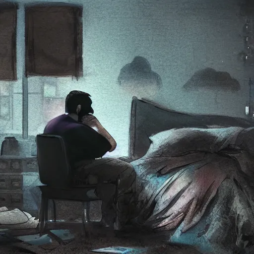 Prompt: a depressed large bearded man, hunched over at a computer, head in his hands, surrounded by little rain clouds. Photorealistic, messy room, dark