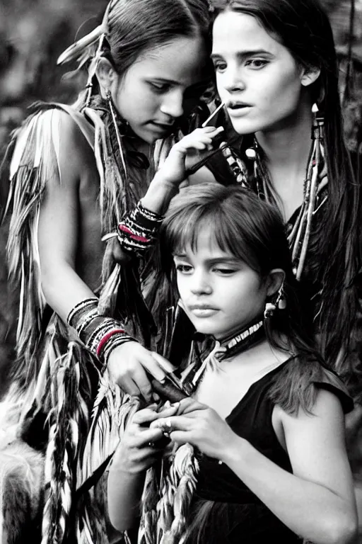 Image similar to photo of two native american indian woman's : emma watson and angelina jolie smoking a pipe of peace, portrait, skilled warrior of the apache, ancient, realistic, detailed