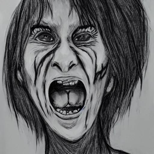 Prompt: a scary horror themed screaming woman, drawn with charcoal and pen and ink, half-tone-line-stacking