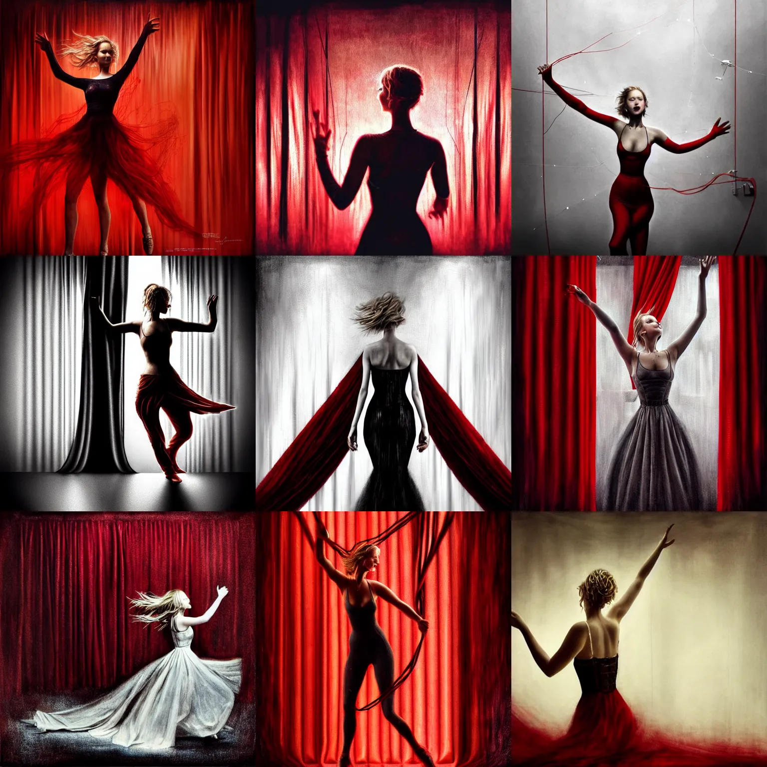 Prompt: dancing Jennifer Lawrence as a !!!puppet strings!!! behind red curtains by Brooke Shaden, big white strings from wrists to ceiling, close-up shot taken from behind, intricate, dystopian, sci-fi, extremely detailed, digital painting, artstation, concept art, smooth, sharp focus, illustration, intimidating lighting, incredible art, details visible, very dark ambiance