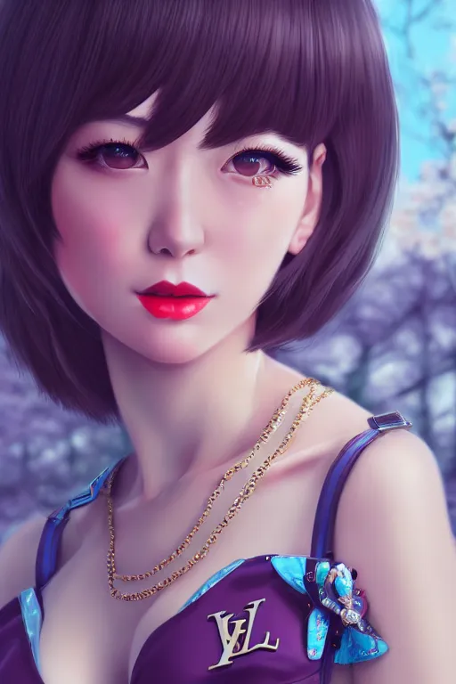 Image similar to a pin up and beautiful fashion charming dreamlke japan girl with lv jewelry, character art, art by wlop and and ilya kuvshinov, hyperdetailed, 8 k realistic, symmetrical, frostbite 3 engine, cryengine, dof, trending on artstation, digital art