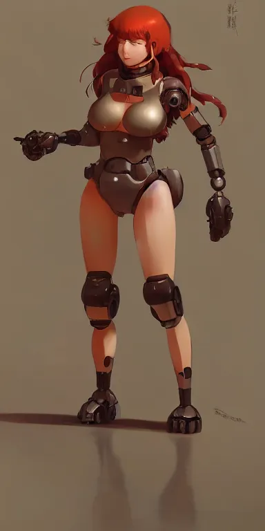 Image similar to concept art of young cute redhead cyborg robot woman with curvaceous body wearing shorts and bikini illustration illustration concept art anime by wlop and greg rutkowski and studio ghibli and kyoto animation