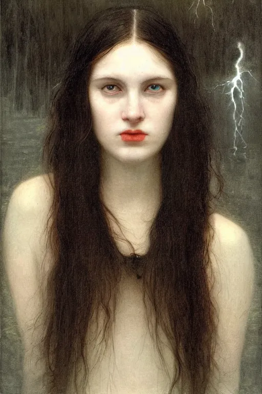 Prompt: young woman's face breaking the waters surface, long black hair, pale skin, symmetrical face, photorealism, 4k, dramatic lightning, by Millais,