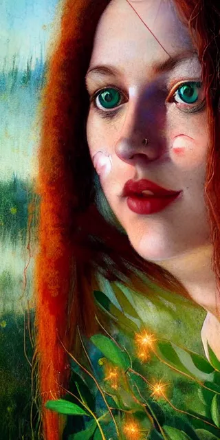 Image similar to infp young woman, smiling amazed, golden fireflies lights, amidst of nature fully covered, long red hair, intricate linework, accurate green eyes, small nose with freckles, oval shape face, realistic, expressive emotions, dramatic lights mystical scene, hyper realistic ultrafine art by artemisia gentileschi, caravaggio, jessica rossier, boris vallejo