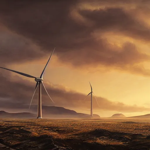 Prompt: painting of a humongous wind-turbine in the distance, by Greg Rutkowski, iceland landscape, golden hour, dramatic lighting, epic, gargantuan, intricate detail, 4k, 8k