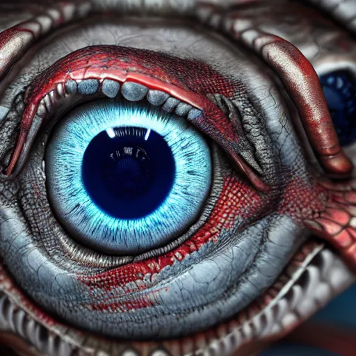 Image similar to big blue eye of ancient red dragon, close-up, high detail 3d model, Octane render, octane, 4k