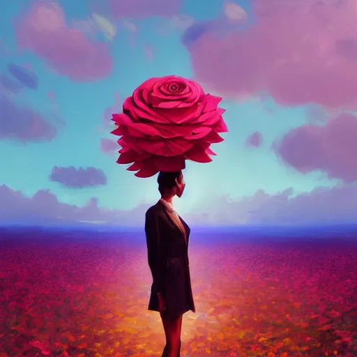 Image similar to closeup, giant rose flower head, frontal, girl in a suit, surreal photography, sunrise, blue sky, dramatic light, impressionist painting, digital painting, artstation, simon stalenhag