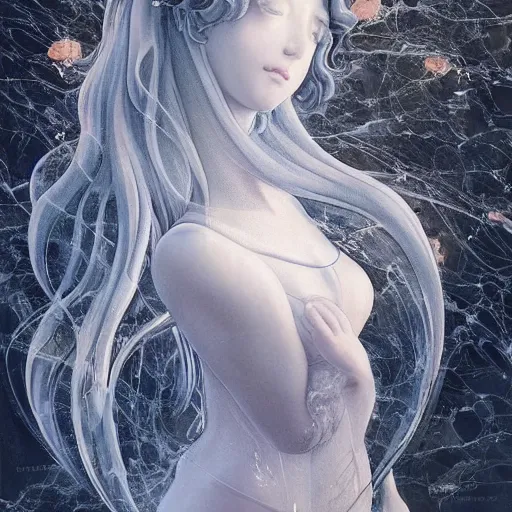 Image similar to “a delicate renaissance marble sculpture covered with water veil, highly detailed transparent marble cloth, a beautiful girl with long black hair in, island background, intricate, highly detailed, digital painting, artstation, official media, anime key visual, concept art, rich vivid colors, ambient lighting, sharp focus, illustration, art by Artgerm, Makoto Shinkai, Ilya Kuvshinov, Lois Van Baarle, and Rossdraws, gi, global illumination, physically based rendering, photorealistic, top light , dark background”