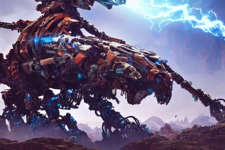 Image similar to thunderjaw machine mecha animal beast robot of horizon forbidden west horizon zero dawn bioluminiscence global illumination ray tracing hdr fanart arstation by sung choi and eric pfeiffer and gabriel garza and casper konefal