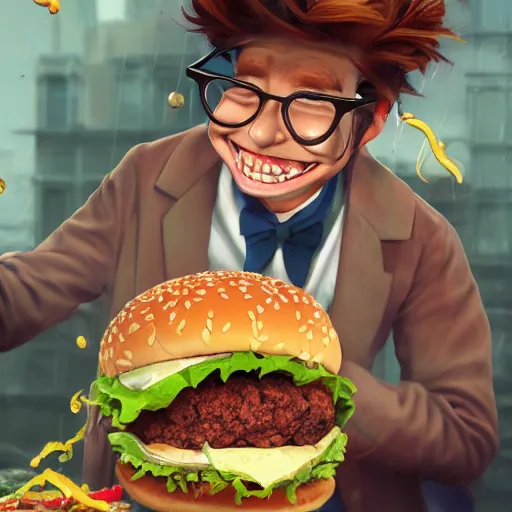 Image similar to !dream a mad scientist in his back yard laughing happily at the hamburgers which are falling from the sky , made by Stanley Artgerm Lau, WLOP, Rossdraws, ArtStation, CGSociety, concept art, cgsociety, octane render, trending on artstation, artstationHD, artstationHQ, unreal engine, 4k, 8k,