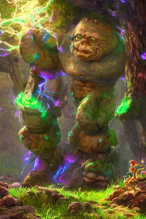 Image similar to arcane fantasy art giant golem elemental wood rock bastion forged gemstone enchanted forest troll, global illumination ray tracing hdr fanart arstation by sung choi and eric pfeiffer and gabriel garza and casper konefal lisa frank zbrush central hardmesh radiating a glowing aura