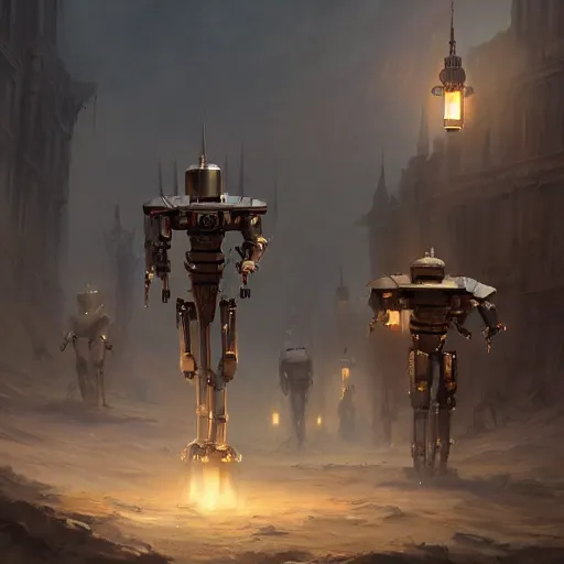 Image similar to a digital painting of humanoid crusader robots, matte painting, hyper realistic, very detailed, dramatic scene, realistic lighting, dark fantasy, 4 k, in the style of greg rutkowski,