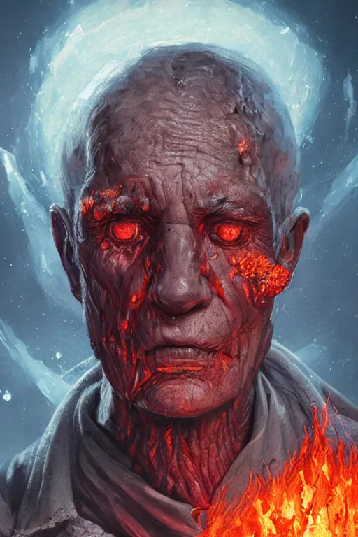 Image similar to the look of an elderly person, necromancer, witch - doctor covered with lava exploding into fire crystals, full of wrinkles and imperfections by artgem and greg rutkowski, highly detailed, high contrast, light reflection, trippy, nebula, trending on artstation