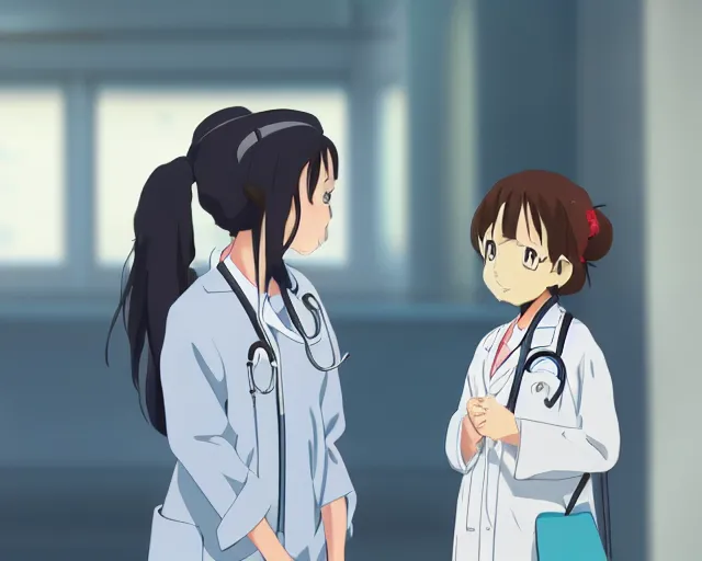 Image similar to a cute young female doctor wearing white coat are talking to a little girl with a blue shirt in a hospital, slice of life anime, vivid, anime scenery by Makoto shinkai