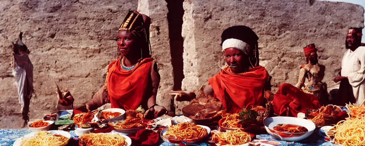 Prompt: queen hatshepsut in the ancient kingdom of punt, enjoying a feast of spaghetti, canon 5 0 mm, kodachrome