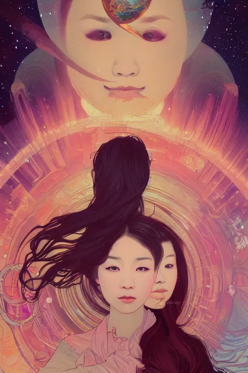 Image similar to edge of the universe, asian girl, space, stars, starship, digital art, smooth defined outlines, vector background, by brom, trending on artstation, alphonse mucha, tom bagshaw, sargent