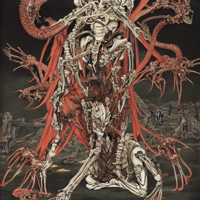 Image similar to still frame from Prometheus by Utagawa Kuniyoshi, Ossiarch Bonereaper ornate bone cyborg god emanating death and power by Wayne Barlowe by peter Mohrbacher by Giger, dressed by Alexander McQueen and by Neri Oxman, metal couture hate couture editorial