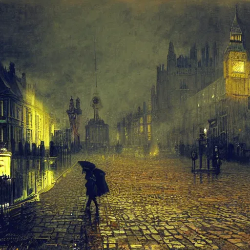 Image similar to London during an air raid, artwork by John Atkinson Grimshaw