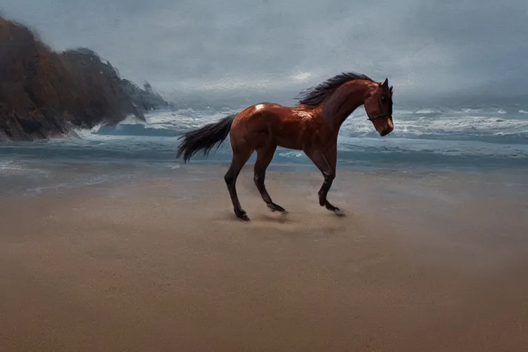 Image similar to a horse running on the beach by greg rutkowski, golden ratio